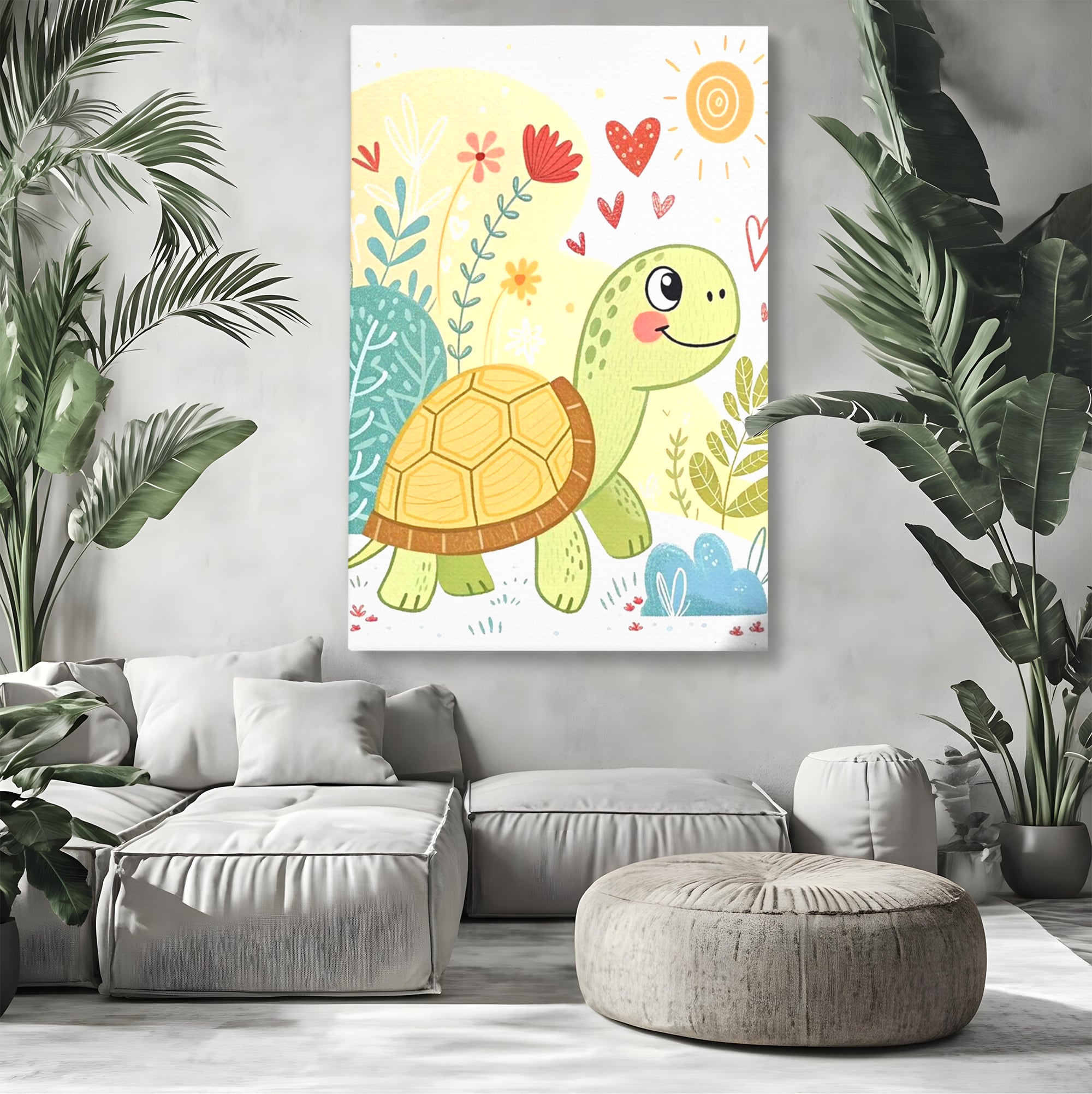 Tablou canvas cu ilustratie cu testoasa vesela printre flori, fara rama, pe sasiu de lemn, pe perete intr-un living